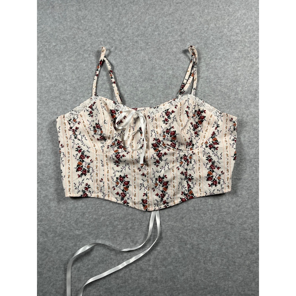 Cider Cami Top Womens 1XL White Floral Lace Up Corset Style Ren Faire Romantic